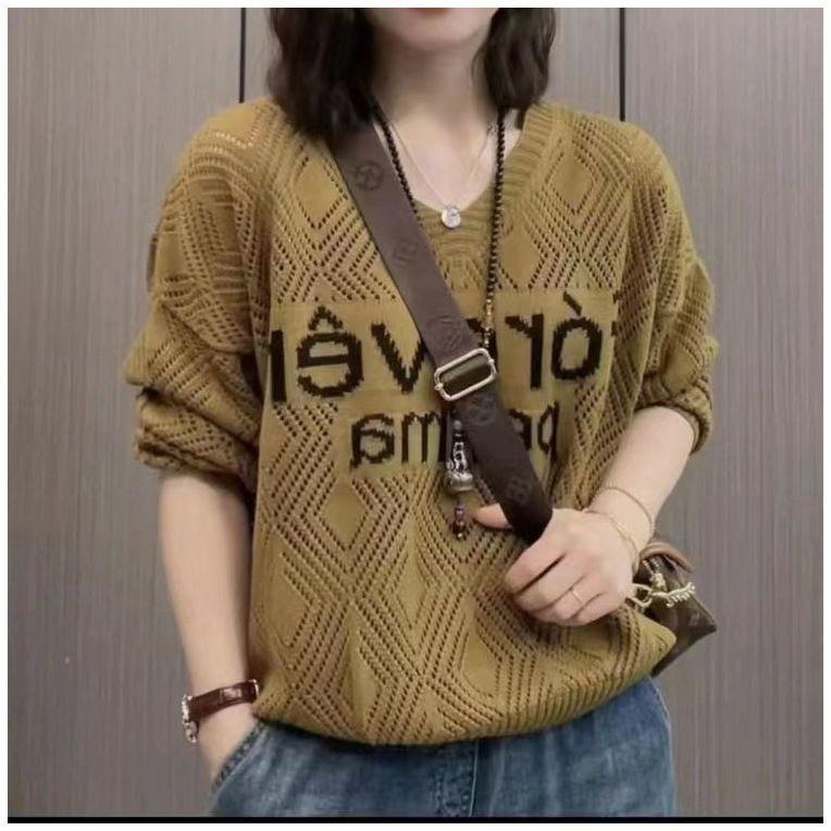 New Autumn Letter V-neck Long Sleeve Hollow Out Knit Sweater Loose Thin Top for Women