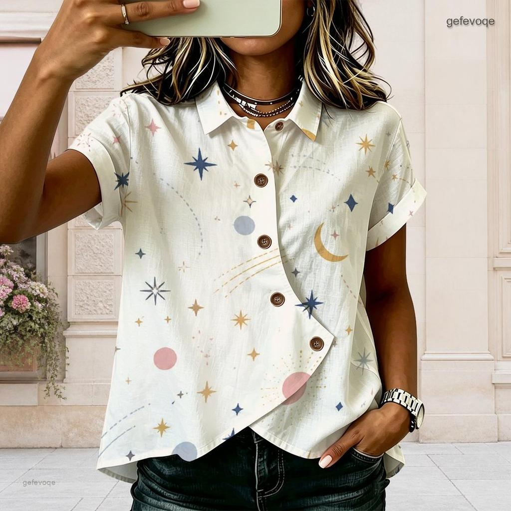 Women Plus Size Lapel Short Sleeve Top Celestial Star Moon Print Button Front Casual Summer Blouse