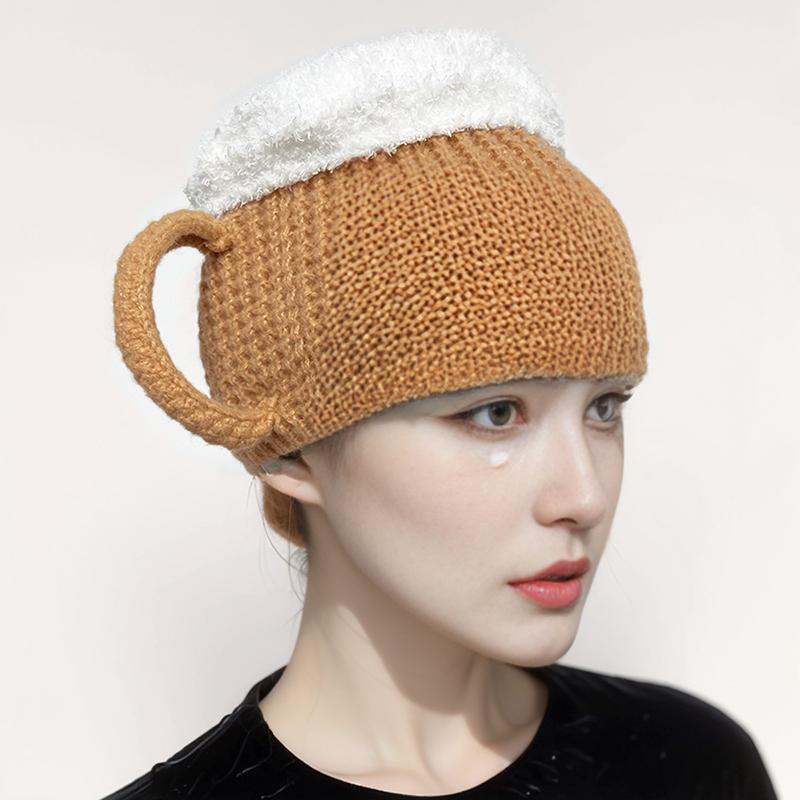 3D Beer Cup Hat Funny Creative Knitted Pullover Cap Autumn Winter Versatile Unisex Warm Hairline Cap Beer Lovers' Year Presents