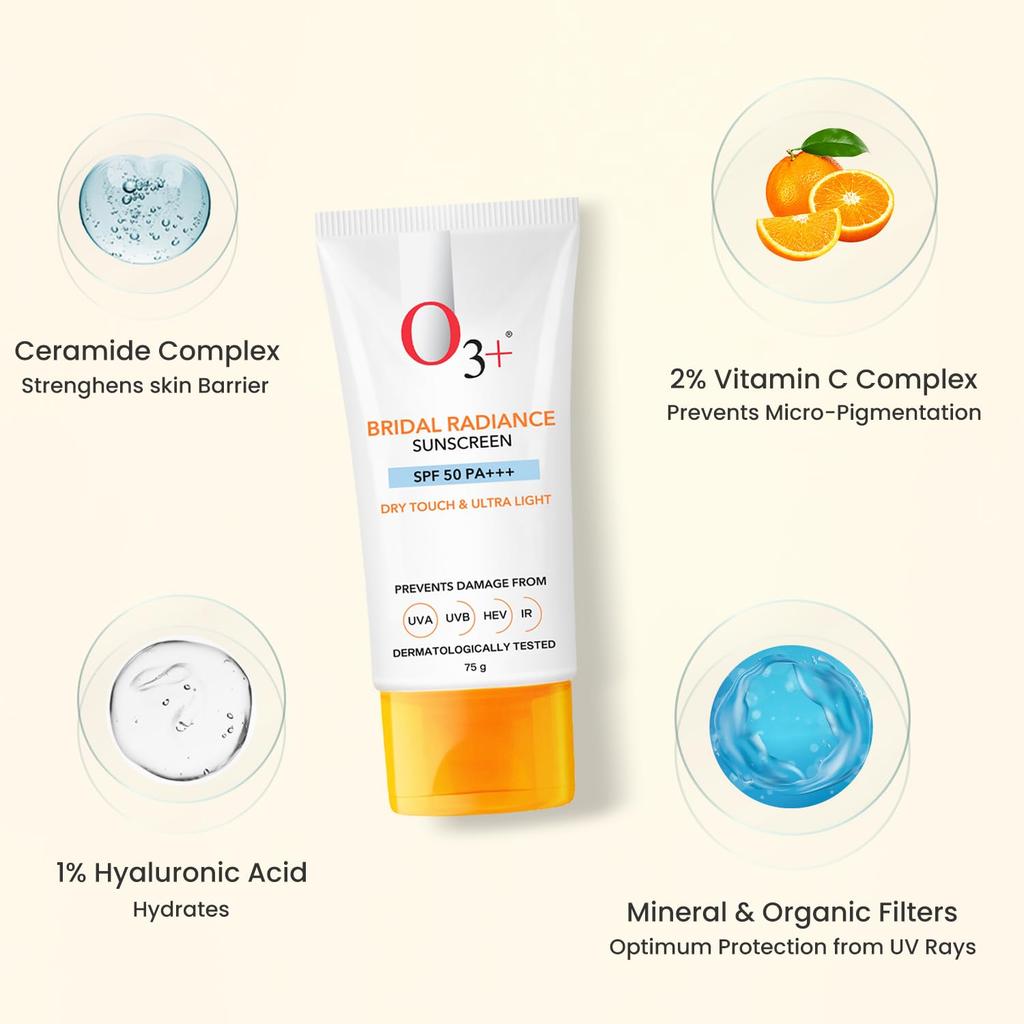 O3+ Bridal Radiance Sunscreen SPF 50 PA +++ 75g Dry Touch Non-Greasy Ultra Light Protection Pack of 2