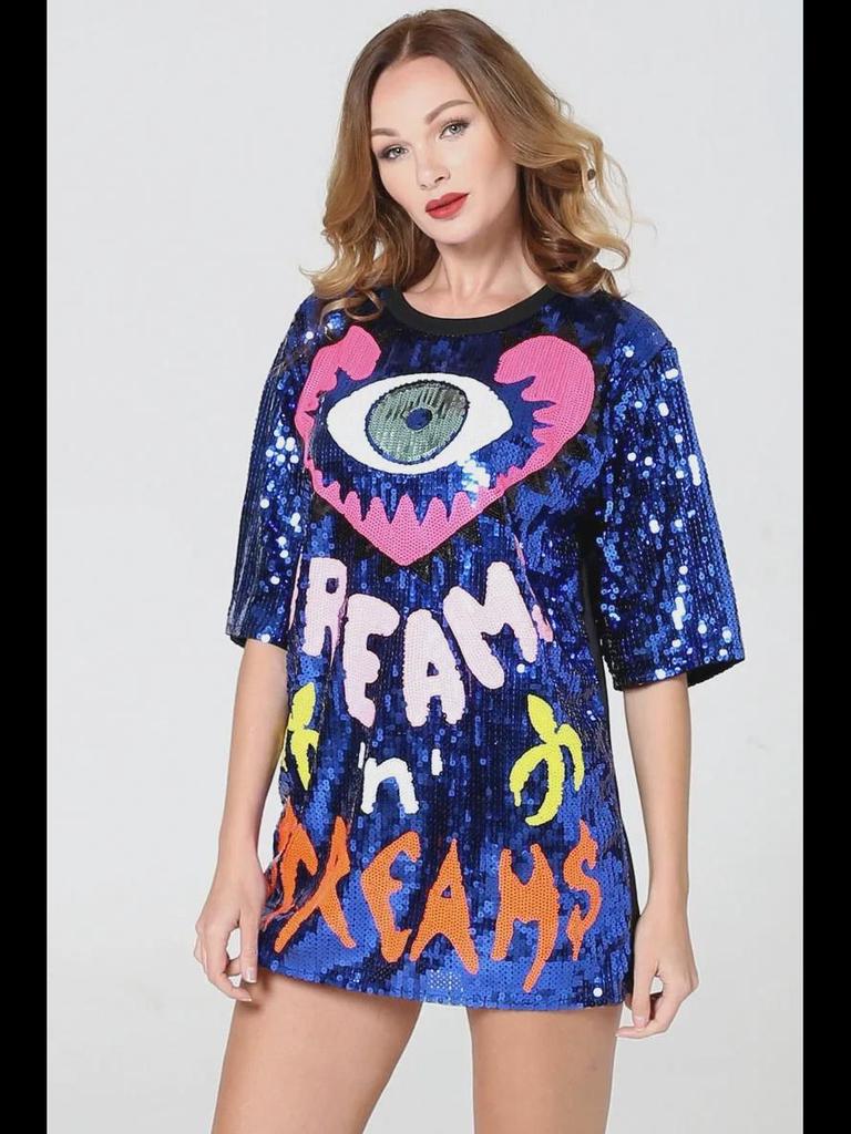 Свободная футболка с пайетками в виде сердечек персикового цвета 8 цветов - Коллекция весна/лето 2024 г.