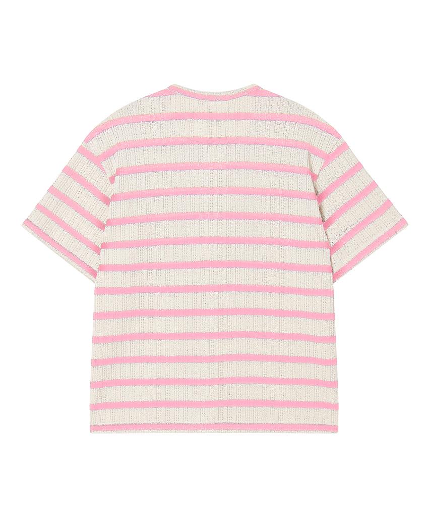 BEYOND CLOSET [Collection Line] Lux Cotton Stripe Henley Neck Short Sleeve Knit Pink