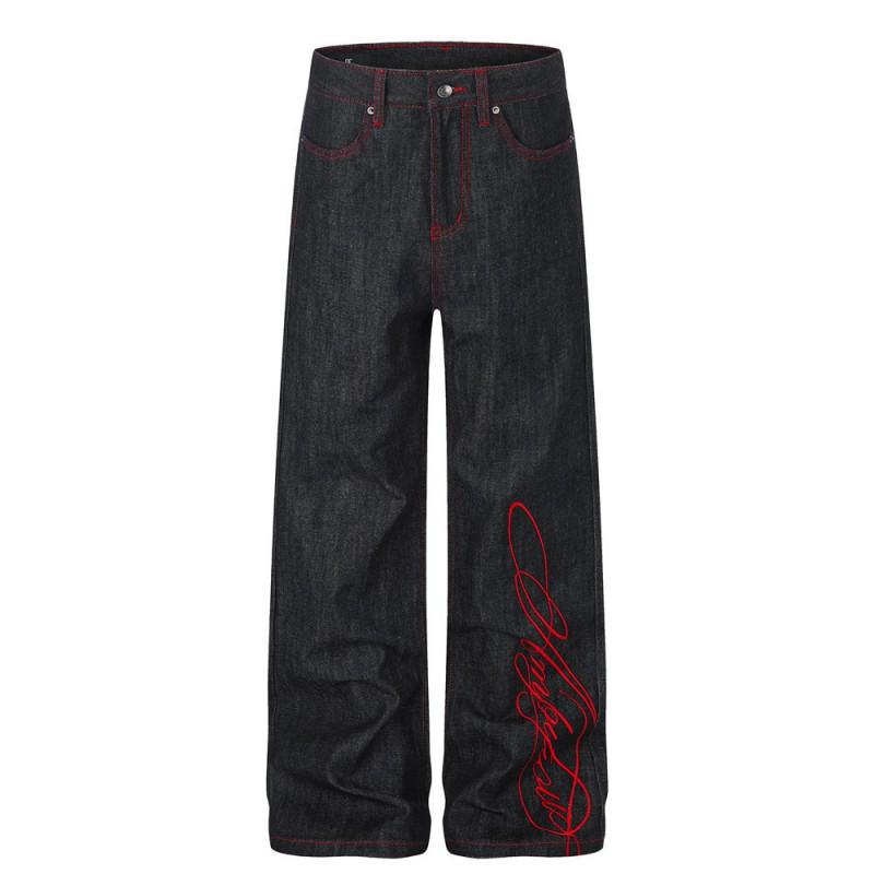 Mens Straight Leg Jeans High Street Fashion Embroidered Denim Pants Loose Casual Trousers