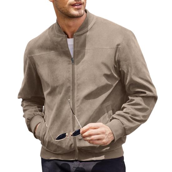Men Suede Jacket Stand Collar Long Sleeve Zipper Placket Coat with Side Pockets Solid Color Loose Fit Ribbed Cuffs Hem Outwear