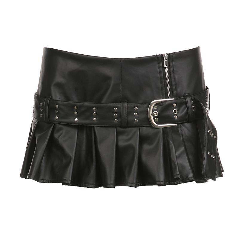 Dark Series Rivet Eyelet Belt Pleated Mini Skirt - Punk Style with Sexy Slit
