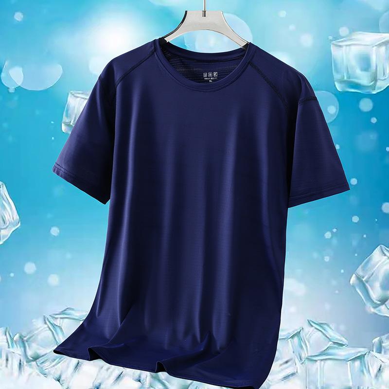 Plus Size Summer Men's Round Neck Ice Silk T-shirt Outdoor Sports and Leisure Quick Drying Short Sleeved Solid Color T-shirt