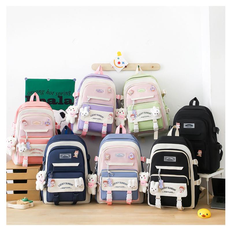Middle School Boys and Girls School Bags Fashion Canvas Color Blocked Primary Student Backpack 5 Pcs Set Satchel with Tutoring Bag