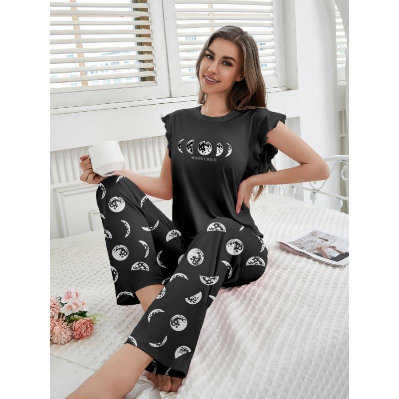 Летняя пижама женская с графическим принтом, комплект пижамы, топы с коротким рукавом и круглым вырезом, брюки с эластичным поясом, женская черная одежда для сна, домашняя одежда, пижама