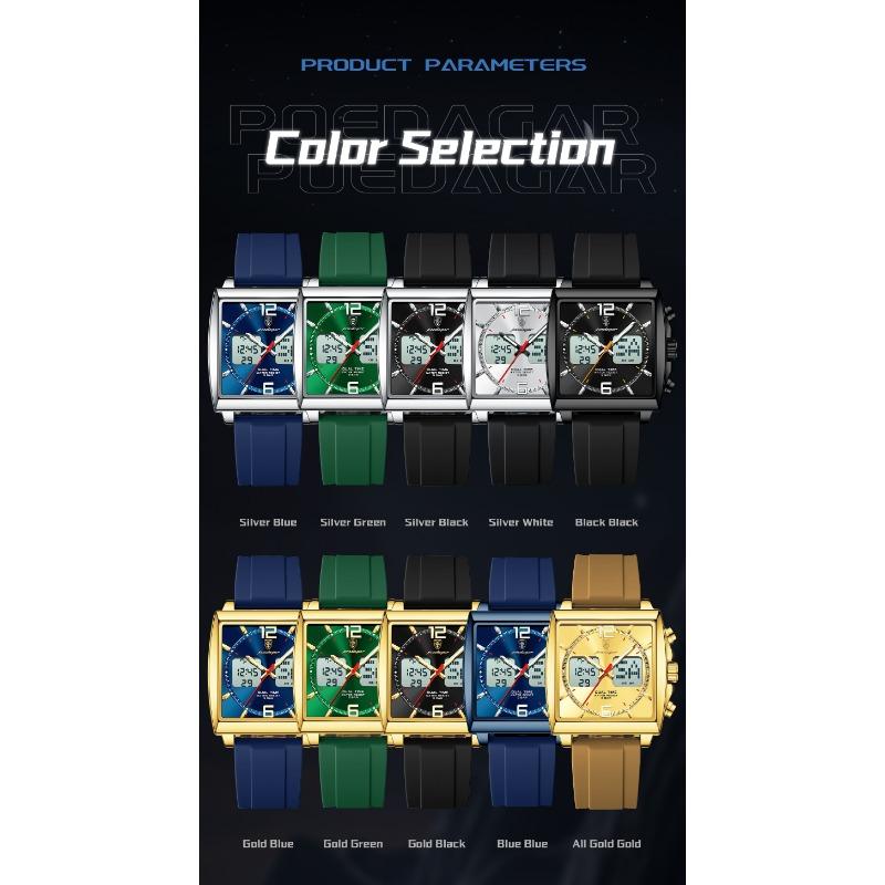 POEDAGAR Luxury Top Man Watch Electronic Square LED Alarm Chronograph Watches Week Date Dual Time Display Quartz Clock