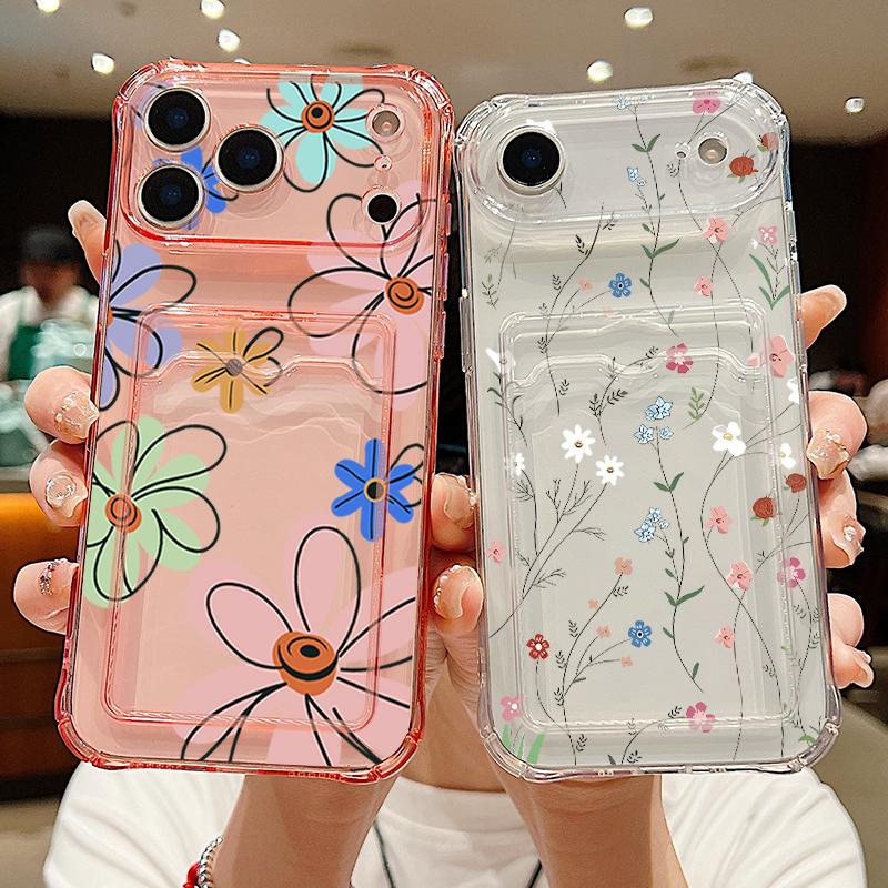Креативный чехол для телефона с цветочным узором, прозрачный, для iPhone 17 16 15 14 13 Pro Max 17 Pro Air 17e 16e 11, противоударный, мягкий, с кармашком для карт