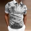 Men's Shirt Polo Casual Zip Short Sleeve Fashion Casual Zipper Summer Spring Regular Fit 3D Grey Coconut Tree Print Shirt