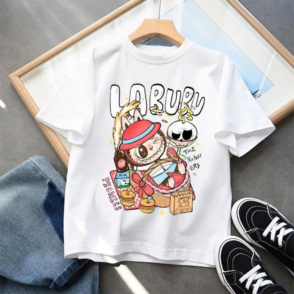 Мультяшная детская футболка с коротким рукавом Labubu, повседневный топ, унисекс, летний, с круглым вырезом, с принтом, одежда для девочек