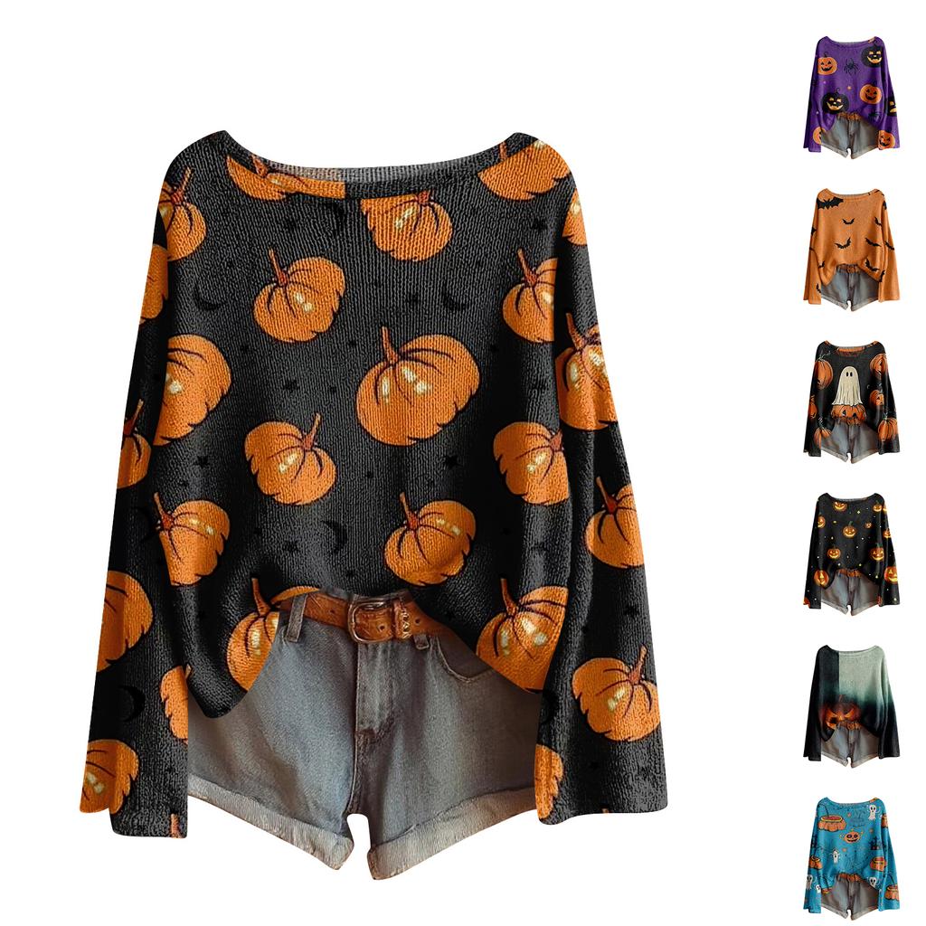 Women's Halloween Sweater, Bohemian Vintage Pattern Print Long Sleeve Knit Pullover