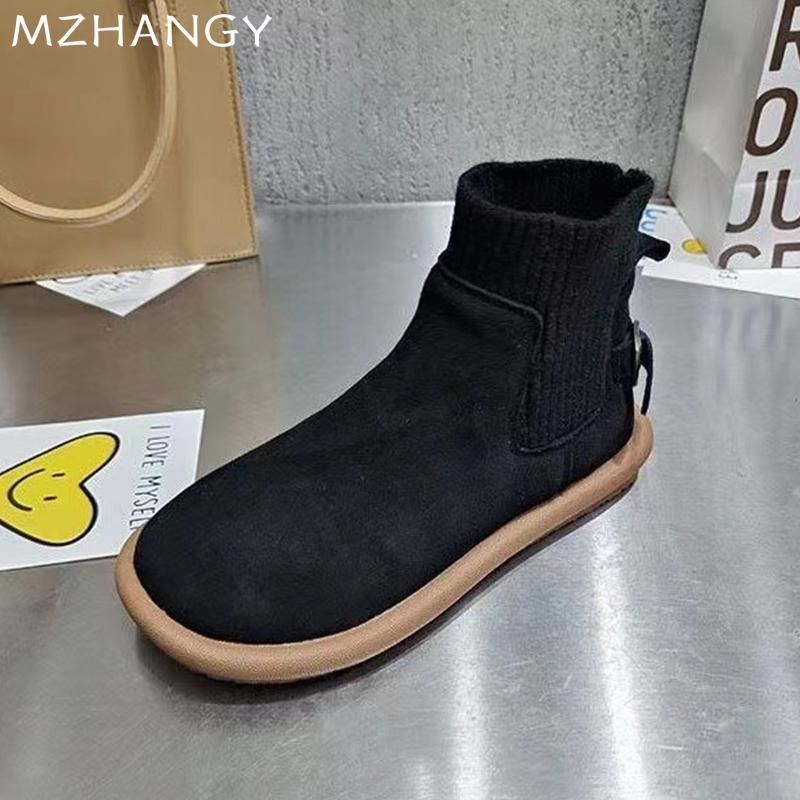 Модные женские туфли на плоской подошве из замши, ботильоны, вязаные туфли с пряжкой, женские зимние ботинки 2025 года, повседневные, новые, удобные, дизайнерские, готические, женские ботинки