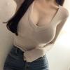 Korean Sexy Hot Girl Slim V Neck Tight Crop Bodycon Versatile Long Sleeve Base Layer T Shirt Top Women