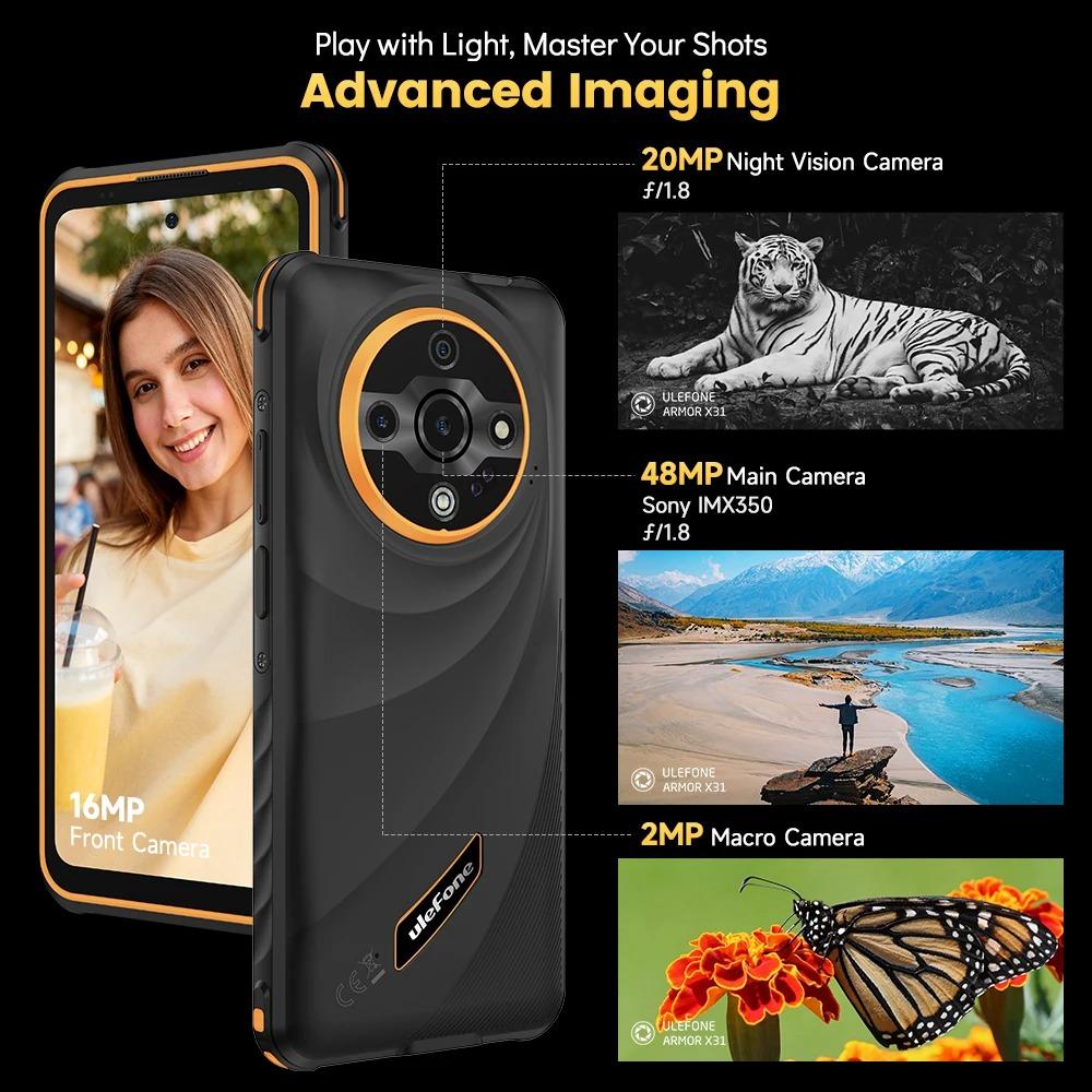Ulefone Защищенный телефон Armor X31 4G 6,56” Android 15 Смартфон До 12 ГБ ОЗУ 128 ГБ ПЗУ 48 МП NFC Камера ночного видения ИК-излучатель Глобальный