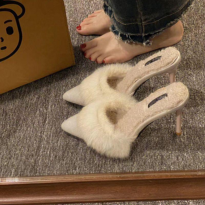 Полуботинки женские тонкие каблуки Мюллеры женская обувь острые носы пушистые высокие каблуки крутые тапочки женская верхняя одежда сумка голова иностранный стиль