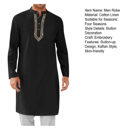 Men's Kaftan Robe O-Neck Long Sleeve Abaya Breathable Button-up Thobe Arabic Ihram Clothing for Casual Occasions Prayers