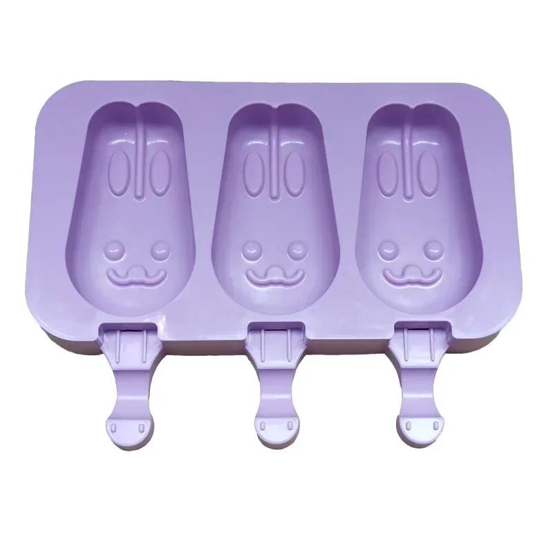 Cute Cartoon Ice Cream Mold Silicone Food Safe Popsicle Reusable DIY Ice Cube Tools Tray Dessert Mould With Lids and Sticks