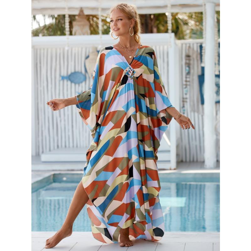 Plus Size Boho Cover Up, Women's Plus Painting Print Bat Sleeve V Neck Split Hem Maxi Cover Up Dress