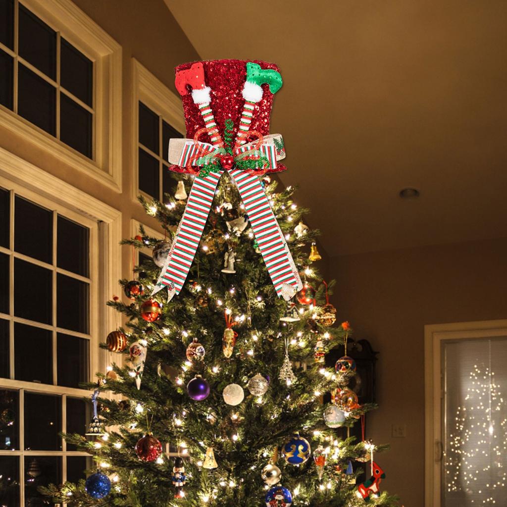 Рождественская шляпа-верхушка для елки, забавная шляпа-верхушка для елки с ножками, красная шляпа-котелок с блестками и удлиненной лентой-бантом, украшения для елки