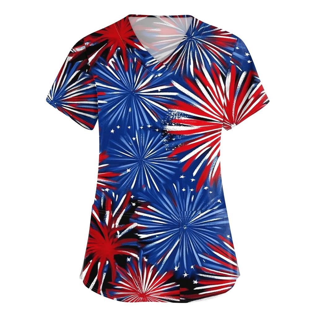 Women's Short Sleeve Independence Day Printed V-Neck Pocket Workwear Top