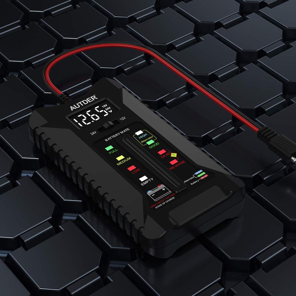 Digital Battery Tester, 12V/24V Voltmeter for Car and Motorcycle Batteries, LCD Display and LED, 2 Modes