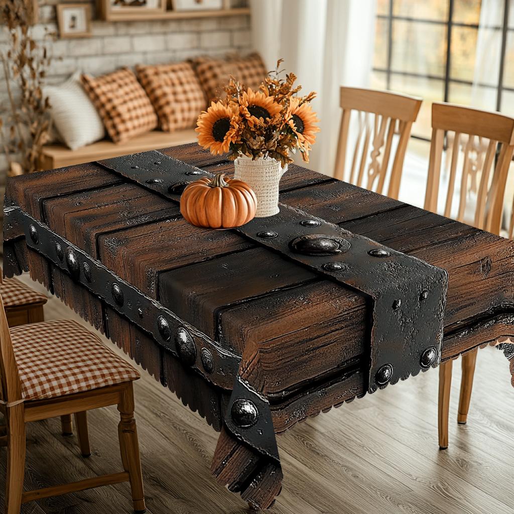 1 шт. Скатерть с принтом на тему деревянной доски, Дизайн с узором деревянной доски в стиле ретро-фермерского дома, Подходит для пикников в кемпинговом стиле, Праздничных вечеринок