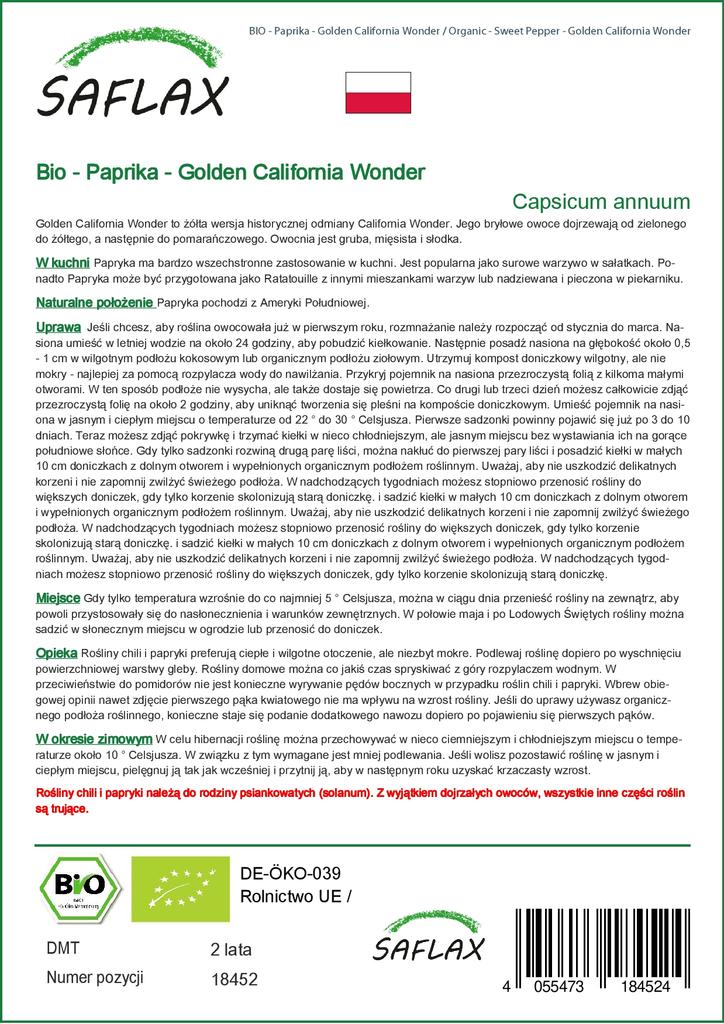 SAFLAX Garden in the Bag - Органический - Перец сладкий - Golden California Wonder - 20 семян - С субстратом в подходящем пакете - Capsicum annuum