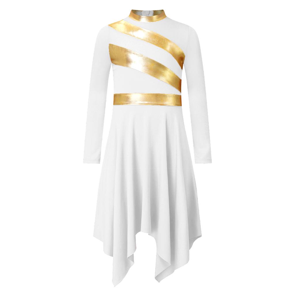 Платье для церковного выступления для девочек, металлическая лоскутная работа, воротник-стойка, длинный рукав, асимметричный подол, контрастный цвет, одежда для богослужения