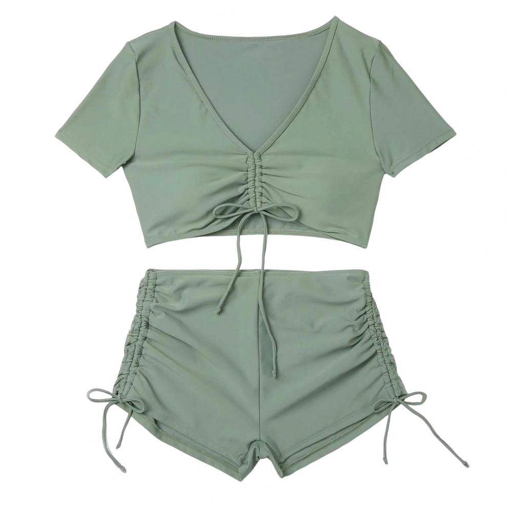Solid Color Swimsuit Stylish Women's Summer Bikini Set with V-neck Top High Waist Drawstring Swimsuit 2 Piece Set for Beach