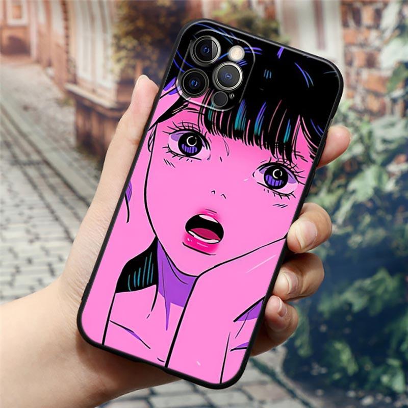 Супер милый чехол для телефона с аниме девушкой для iPhone14 13 12 11 PM Pro Max 8 7 SE XR XS Plus, черный мягкий силиконовый чехол Fundas Coques Shell