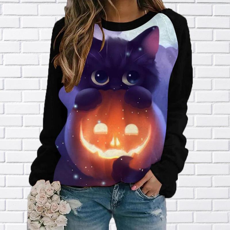 Autumn Winter Pullover Fashion Halloween Patchwork Color Clothing Casual 3D Printed Round Neck Long Sleeve Hoodie Women