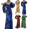 Shoulder Women Dress Off Evening Rhinestone Decor Pleated Long Lantern Sleeve Split Hem Loose High Waist Printed Floor Length Prom Banquet Party Maxi