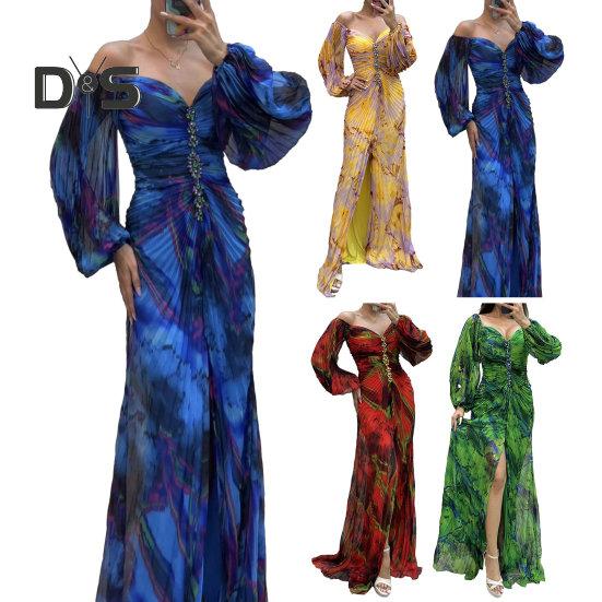 Shoulder Women Dress Off Evening Rhinestone Decor Pleated Long Lantern Sleeve Split Hem Loose High Waist Printed Floor Length Prom Banquet Party Maxi