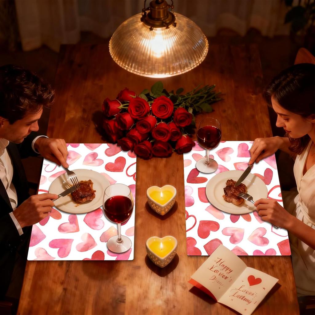 Tarklanda Pink Love Hearts Placemats Set of 6, 11 x 15.7 Inch Washable Vinyl Table Mats Valentine Holiday Plastic Placemats for Anniversary Wedding