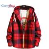 Casual Hooded Plaid Shirt Men Fleece Red  Long Sleeves Shirts