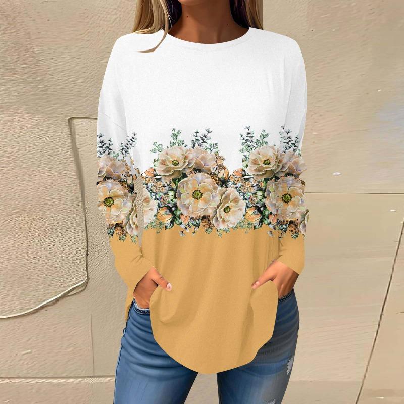 Повседневный топ с круглым вырезом и длинным рукавом, цветочная модная женская футболка большого размера с 3D-принтом, женские осенние свободные топы