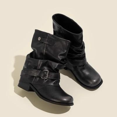 Женские осенние новые ботильоны с круглым носком, металлической пряжкой ремня, плиссировкой, наборным винтажным блочным каблуком