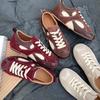 Fashion Women's Sneakers Thin-soled Designer Shoes New Wine Red Retro Cow Leather Splicing Design Walking Shoes Skeleton Correction 40