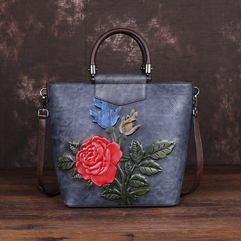 Johnature Retro Large Capacity Luxury Handbags Women Bags Designer Genuine Leather Casual Tote Rose Shoulder Bags