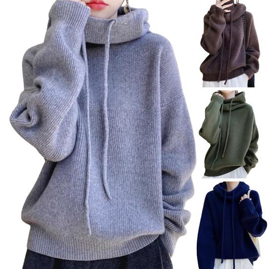 Women Sweater Pile Collar Drawstring Hooded Long Sleeve Knitting Tops Solid Color Casual Loose Fit Knitwear
