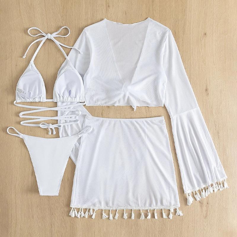 New Women's Split Four Piece Bikini Swimsuit Sexy Solid Lace Up Bikini Elegant Tassel Long Sleeve Fresh Beach Bikini