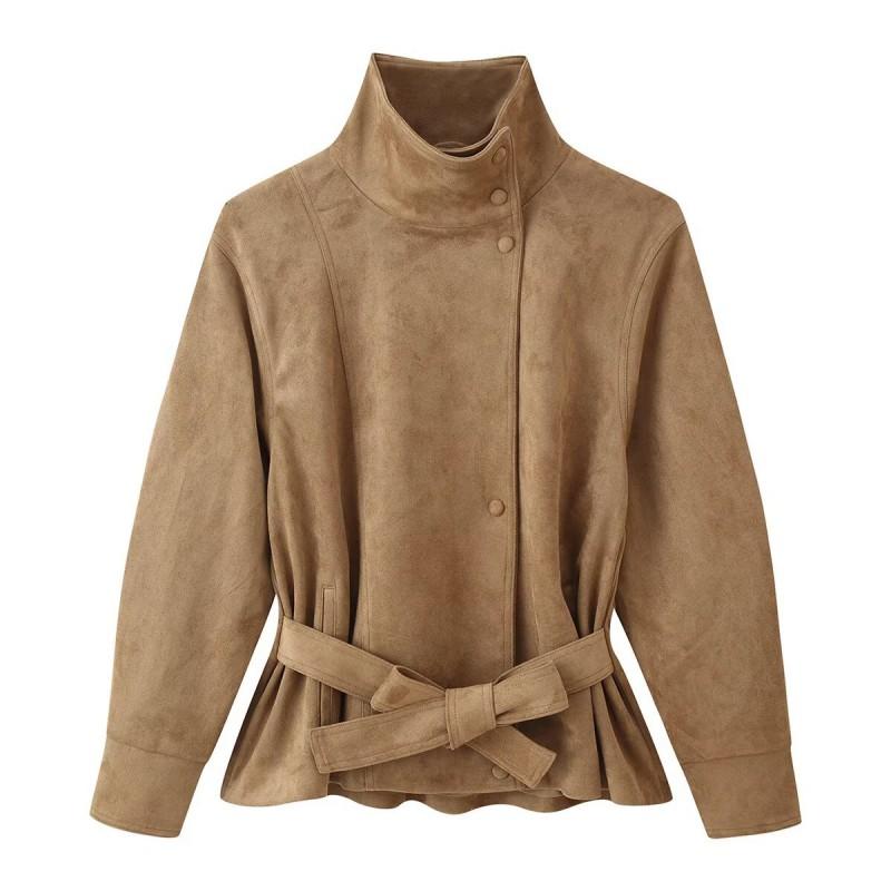 ZA Womens 2026 Fall Faux Suede Belted Jacket Casual Stand Collar Slim Fit Outerwear