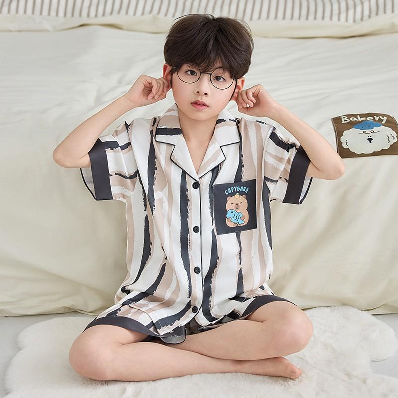 Boys Ice Silk Pajama Set Short Sleeve Shorts Cardigan Cartoon Print Kids Home Wear Ages 8