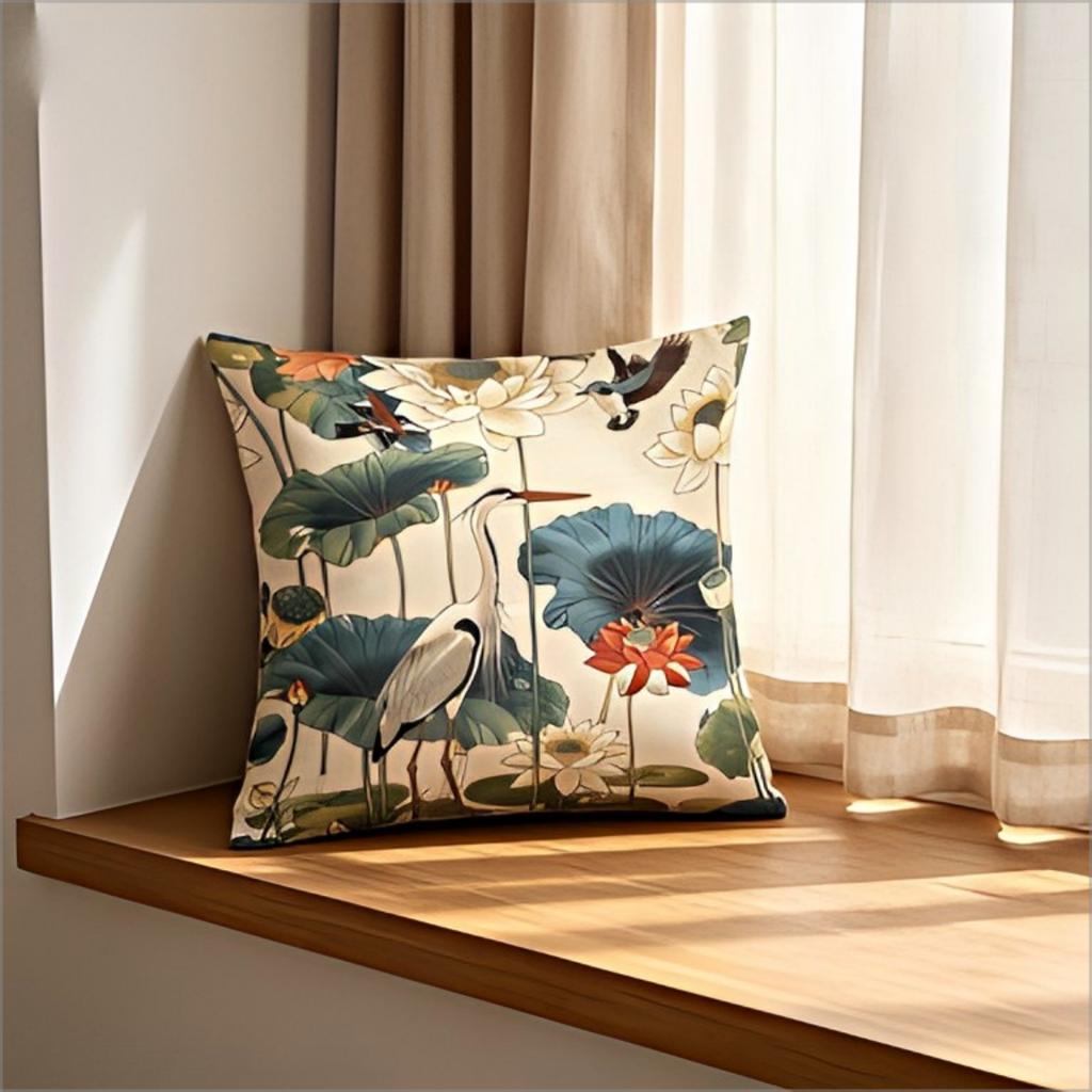 Chinoiserie Lotus Heron Throw Pillow Cover Vintage Watercolor Flower Bird Decorative Cushion Case For Sofa Couch Home Decor