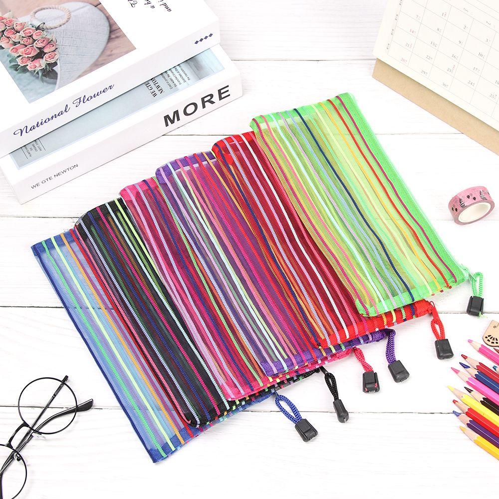 Stationery Rainbow Color Makeup Nylon Cosmetic Storage Grid Zipper Pencil Case Mesh Pen Bag