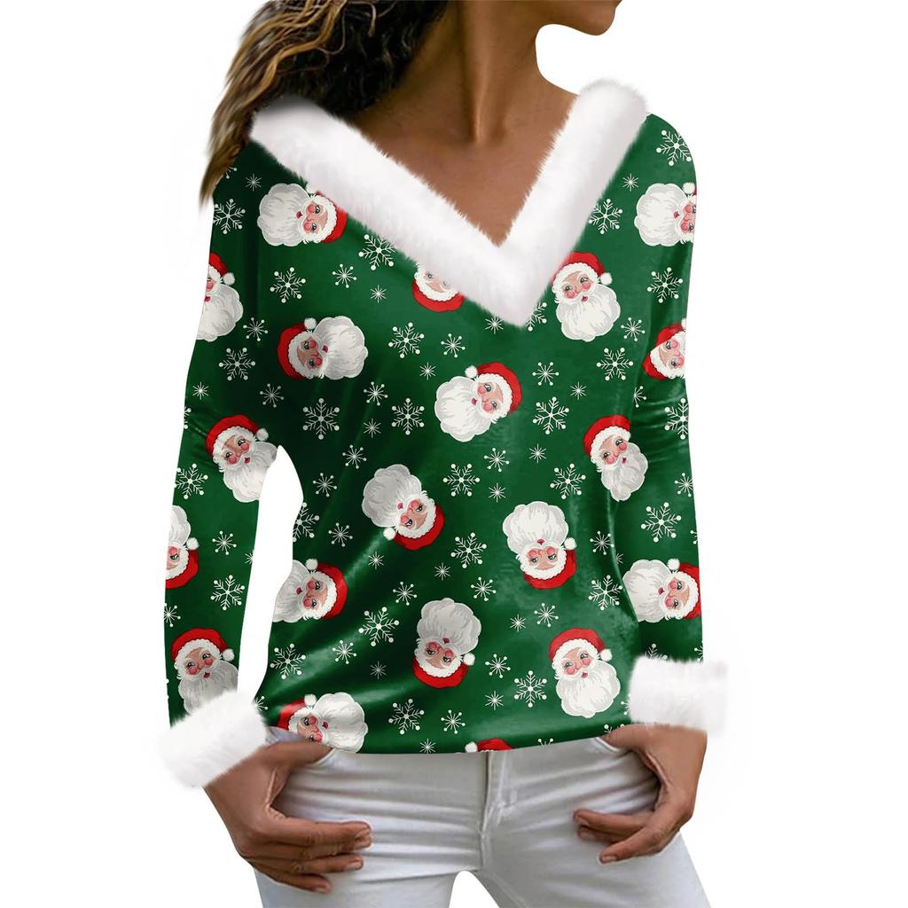 Женская футболка с рождественским принтом, футболка с длинным рукавом, флисовый воротник, топ с V-образным вырезом