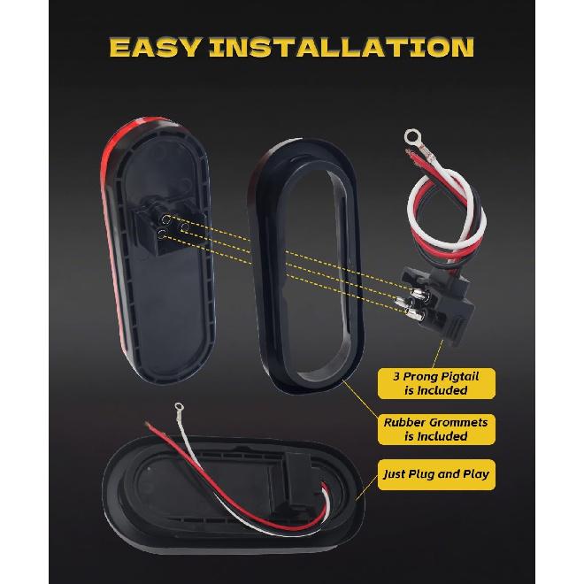 6" Красные Овальные 24 Светодиодных Задних Фонаря для Прицепа, Водонепроницаемые, Герметичные, 6-дюймовые Стоп/Поворот/Габаритные Огни, Фонари для Лодочного Прицепа [Сертифицированы DOT], В комплекте Проходные Втулки, 3-контактный