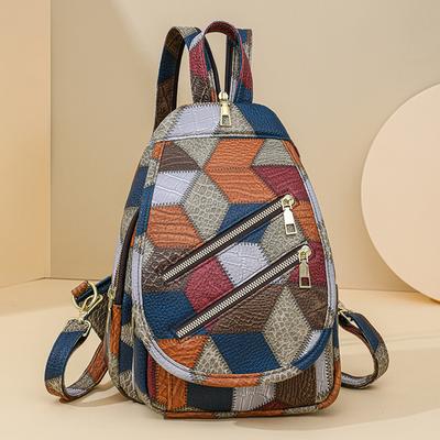 Нагрудная сумка с цветными блоками, женский рюкзак из мягкой кожи, уличный дорожный рюкзак с двойной молнией
